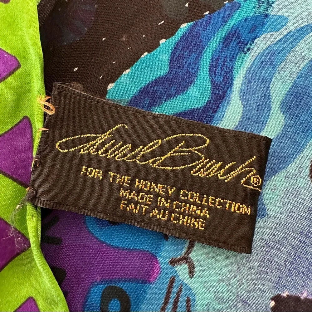 Laurel Burch For‎ The Honey Collection 100% Silk Cat Print Scarf Black Colorful